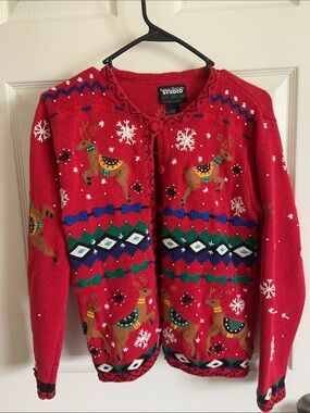 Studio Red Reindeer Embroidered Holiday Cardigan